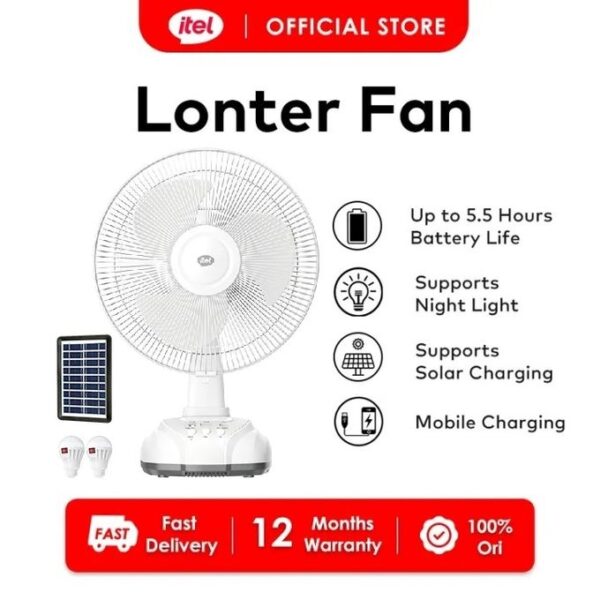 itel 12 Inches AC/DC Solar Rechargeable Fan With Panel & 2 Bulbs