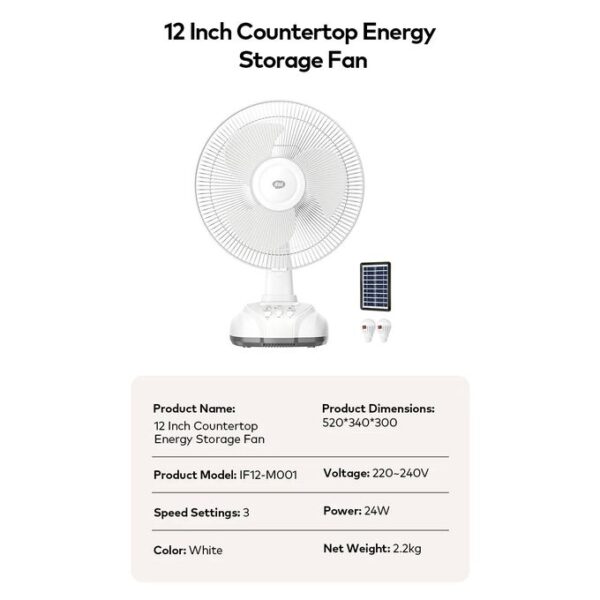 itel 12 Inches AC/DC Solar Rechargeable Fan With Panel & 2 Bulbs - Image 7