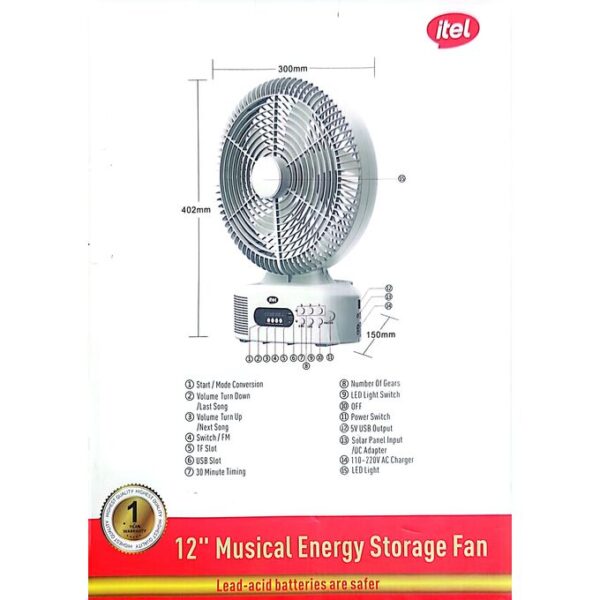 itel 12 Inches AC/DC Solar Rechargeable Music Fan With Panel - Image 3