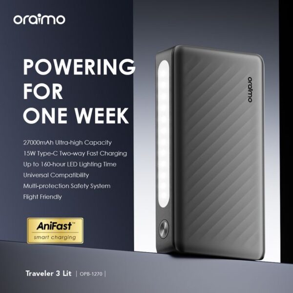 Oraimo Traveler-3 Lit 27000mAh 15W PD Fast Charging Power-Bank With Type-C In-put And Out-put OPB-1270