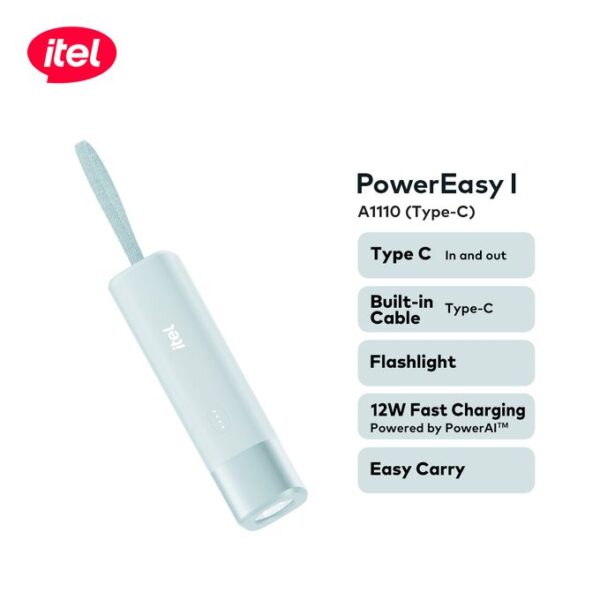 itel PowerEasy1 5000 A1110 Power-Bank 12W Fast Charging Built-in Cable Torch