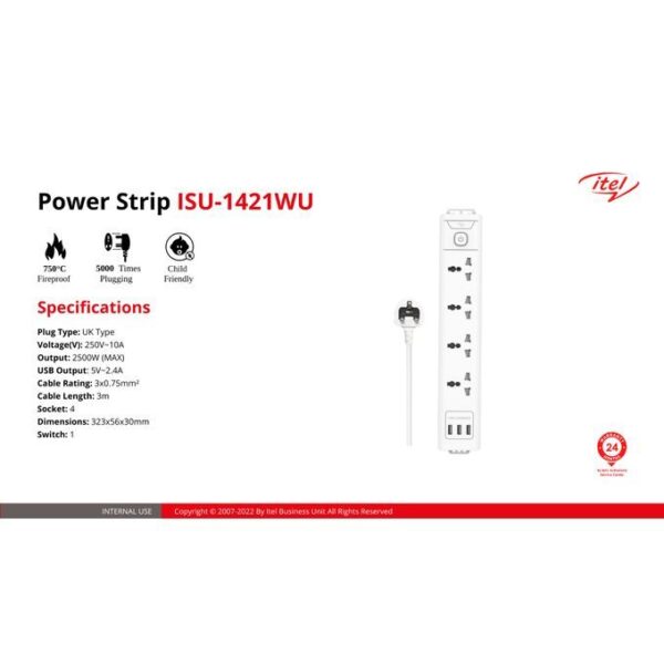 itel 4 Sockets Extension Box With 3 USB Ports - ISU-6421WU