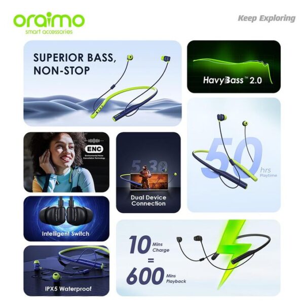 Oraimo Necklace 4 Dual EQ Multiple Connection 50-hr playtime Quick Charge Neckband Earphone OEB-E50D - Image 4